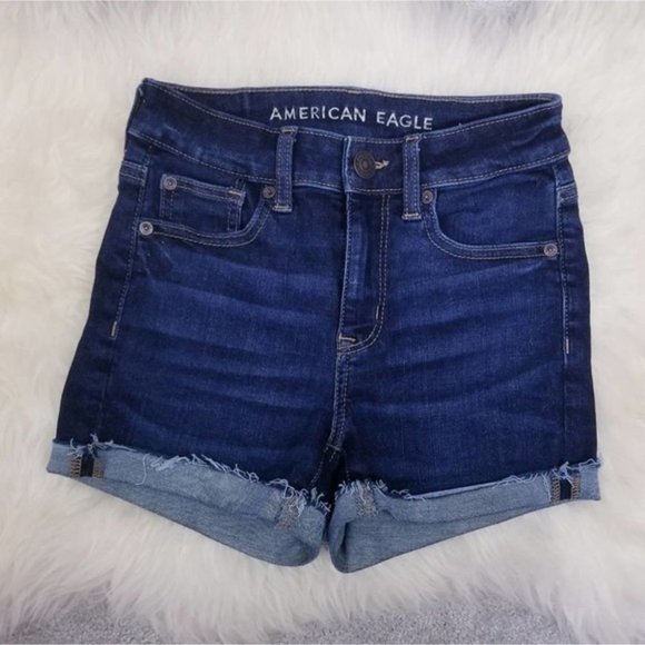 AE Hi-Rise Shortie Next Level Dark Wash Shorts - Picture 1 of 6